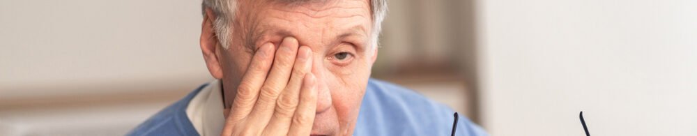 Glaucoma.,Tired,Elderly,Man,Massaging,Eye,Holding,Eyeglasses,Having,Eyestrain
